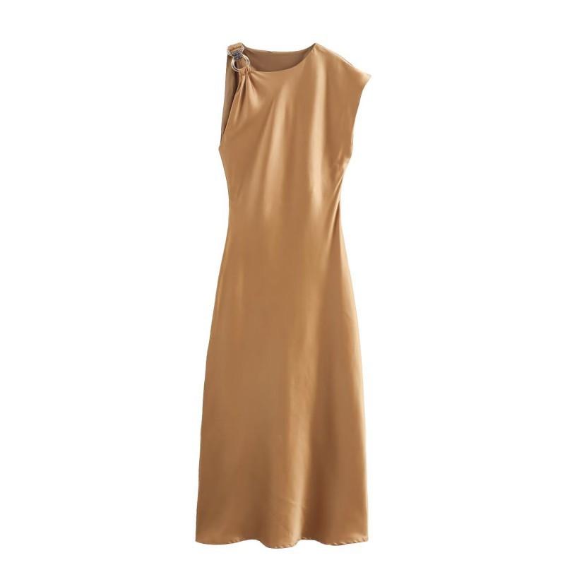 Summer New Women s Dress Round Collar Asymmetrical Silk Satin Texture Midi XS