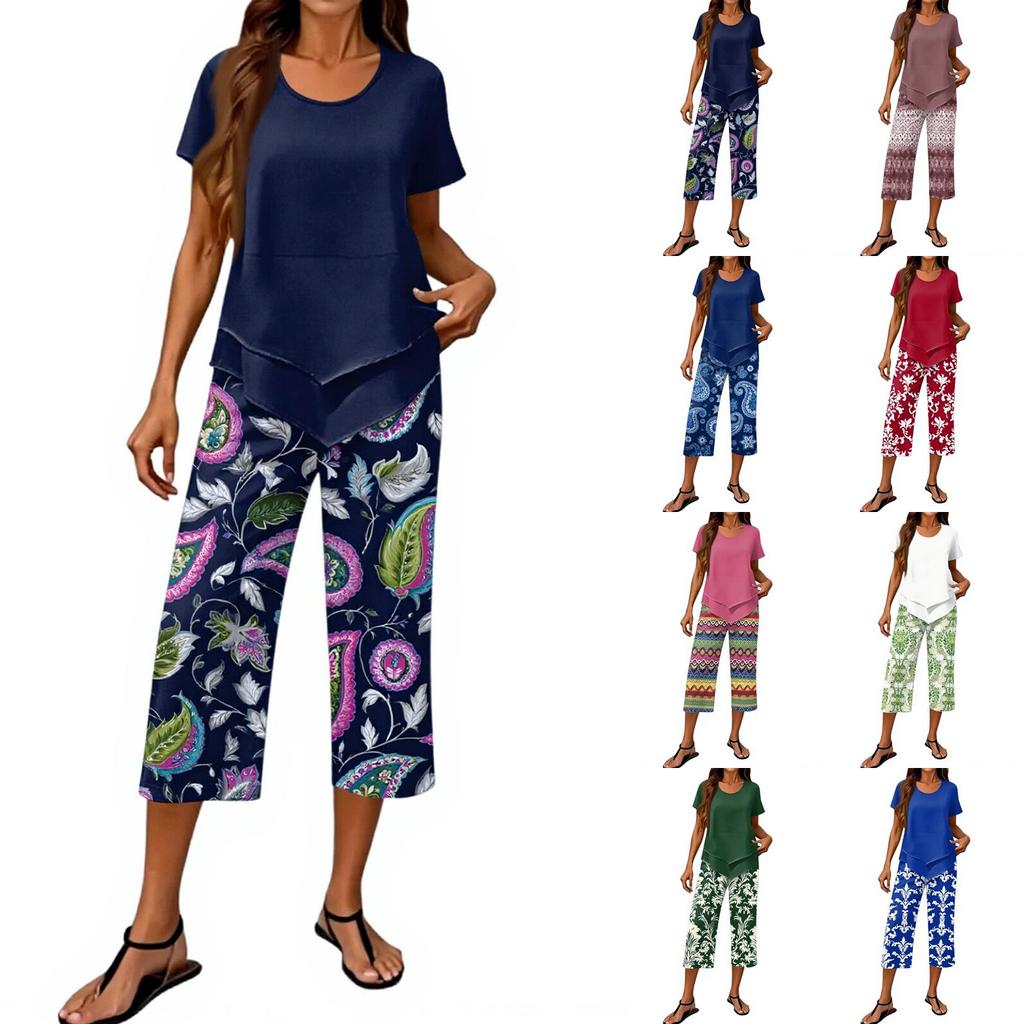 Women's Casual Short Sleeve Printed T-Shirt and Pants Set - Round Neck Summer Top with 3/4 Length Bottoms - Fashionable Outfit for Women