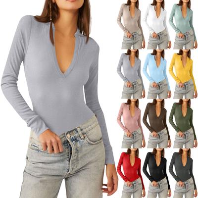 Women's One-piece T-shirt Slim Long Sleeve V-Neck Solid Color Jumpsuit Top