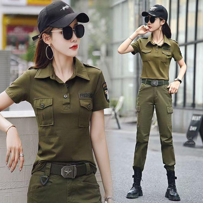 Completo Mimetico da Donna: Abbigliamento da Lavoro Estivo a Maniche Corte Rassodante e Pantaloni Lunghi Outfit da Ballo da Marinaio