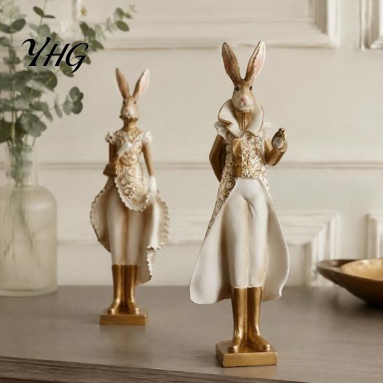 Elegant Shelf Decor for Home Vintage Resin Mr & Mrs Rabbit Figurine, Dress Bunny Statues, Farmhouse Minimalist Desktop Decorations Country Tabletop