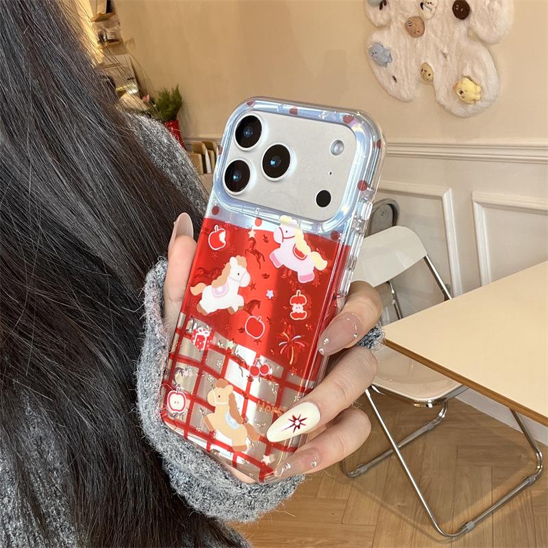 Red Plaid Horse Apple Phone Case for 17 Pro Max, 16 Pro Max, 15 Pro/14 Pro - Double Layer, New Year Style