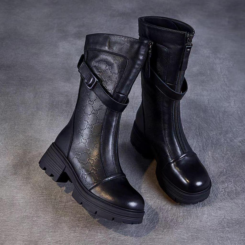 Women's Genuine Leather Knee-High Martin Boots, 2025 Autumn/Winter, British Style, Thick Sole, Plus Velvet.