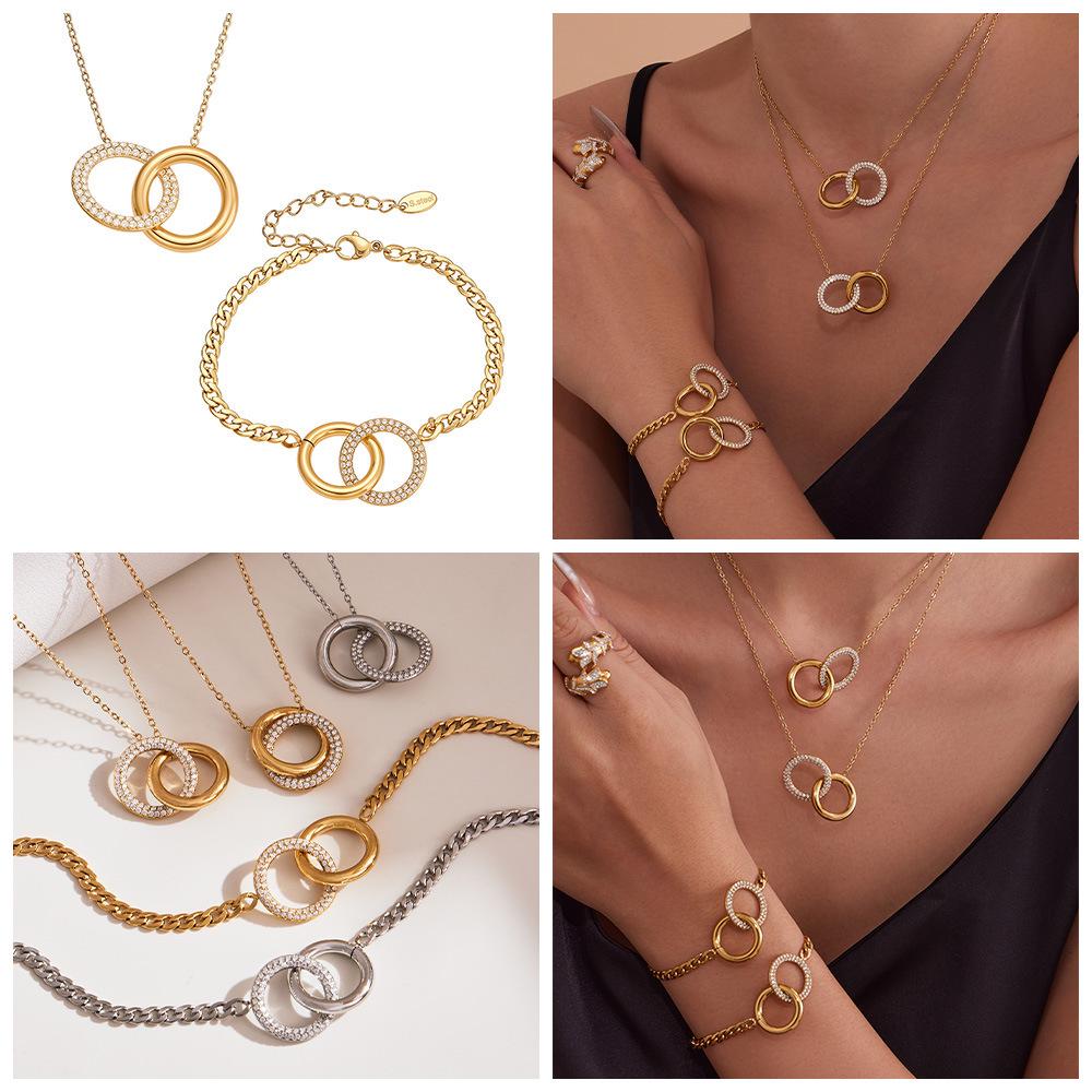 Dreamy Chic Double Ring Zirconia Rhinestone Bracelet & Necklace Set - 18K Gold Plated Stainless Steel, Non-Fading Jewelry.