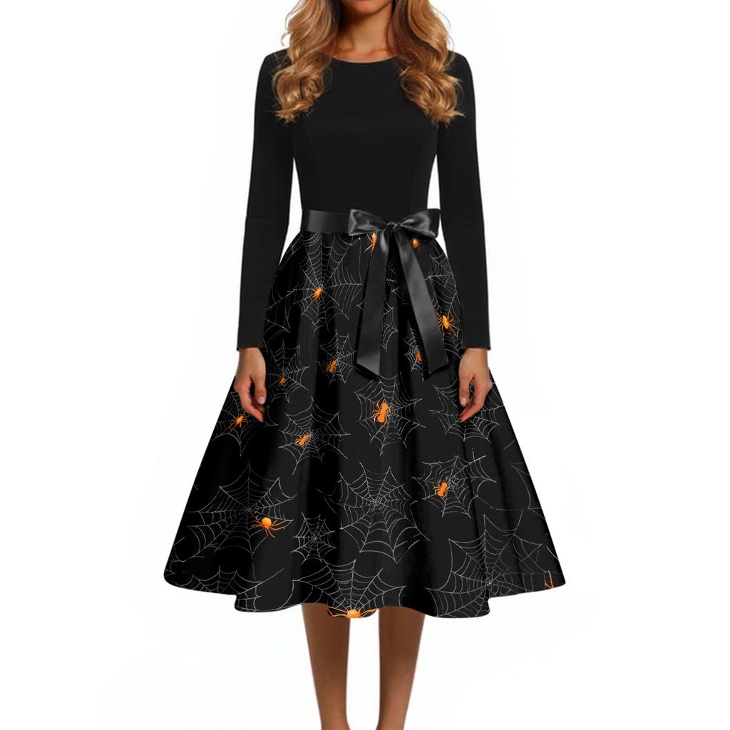 Women's Halloween Print Round Neck Dress, Vintage Casual Swing Dress for Party