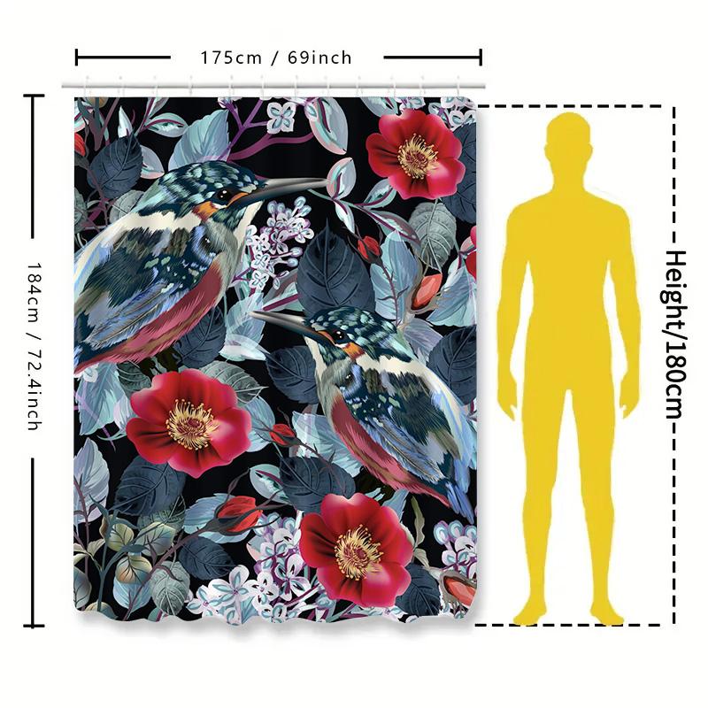 Természet ihlette fürdőszobai dekoráció Virágos madaras zuhanyfüggöny fürdőszobába Vízálló szövet fekete háttérrel (Méret 72x84)