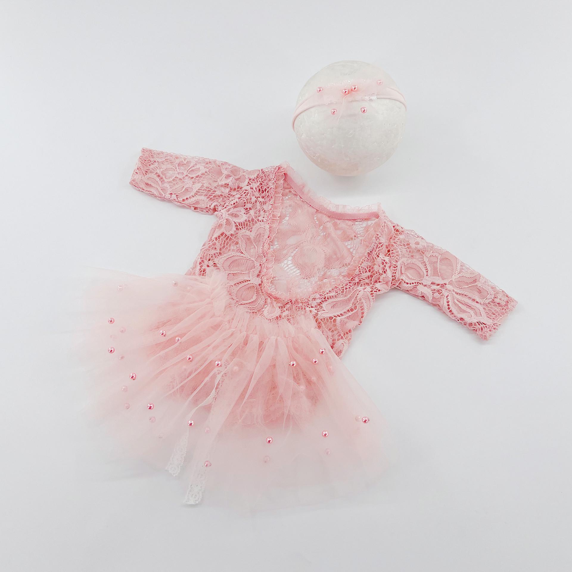 

Newborn White Pearl Dress Bodysuit Set for Baby Photography Newborn рожевий