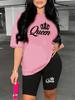 Women's Queen printed loose round neck short sleeved T-shirt shorts two-piece set