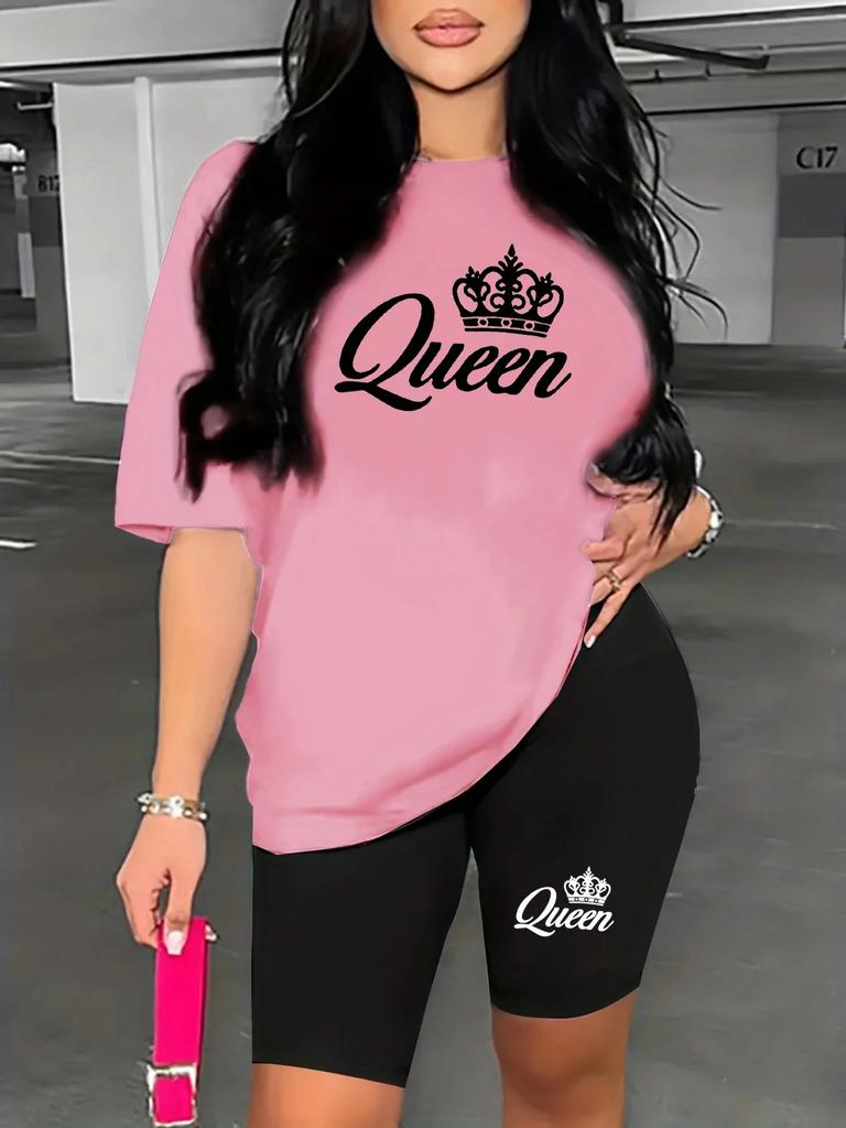 Women's Queen printed loose round neck short sleeved T-shirt shorts two-piece set
