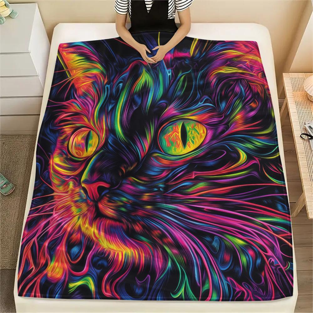Neon Cats  Print Flannel Blanket, High quality Comfortable for All Seasons, Home Decor, Warmth and Comfort
