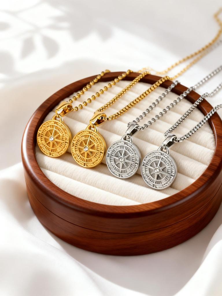 Vegvísir Zircon Octagram Round Pendant for Women Men Stainless Steel Chain Necklaces Couple'S Protective Charm Jewelry