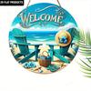 JIT [2D Flat] 1pc Delicate Beach-Themed Wooden Decorative Plaque & Statues, 7.87x7.87 Inch Round Hanging Art Decor with Blue Recliner and Sun Hat