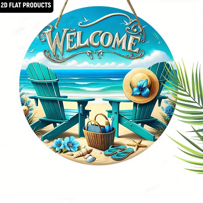 JIT [2D Flat] 1pc Delicate Beach-Themed Wooden Decorative Plaque & Statues, 7.87x7.87 Inch Round Hanging Art Decor with Blue Recliner and Sun Hat
