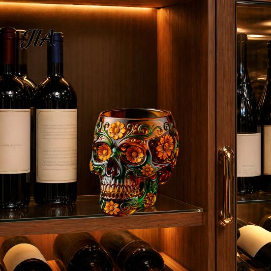 Speciální degustační sklenice na destiláty Den Mrtvých Sklenice na víno, s 3D reliéfní malbou, Ručně malovaný odolný pohár na whiskey Gotický pohár s lebkou, pro Halloween