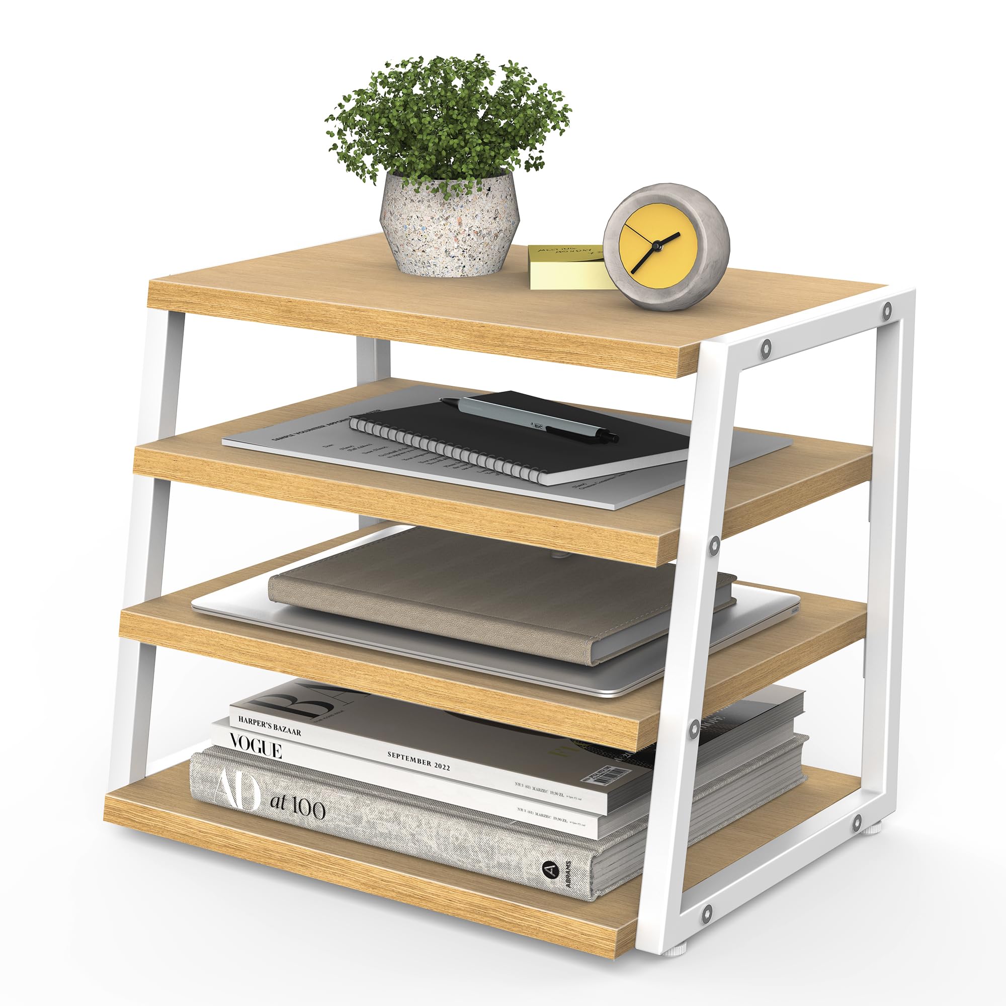 

Fenge Desktop Storage Shelf, Desk Organizer, 4-Tier, Large Capacity Office Storage Rack, 37.2cm Wide x 26.7cm Deep x 30.7cm High, Oak & White,