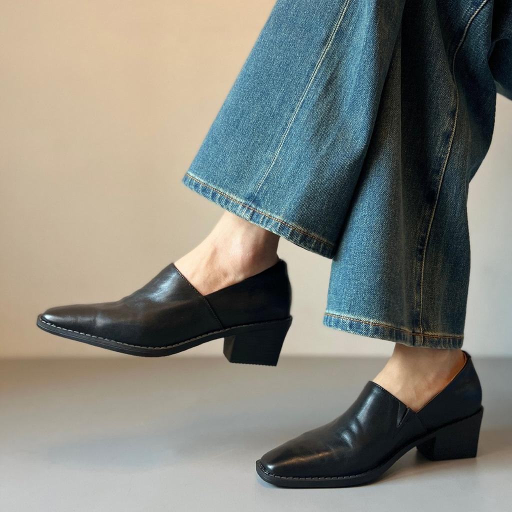 Cool handsome royal sister style temperament small leather shoes female personality square head thick heel one pedal loafers