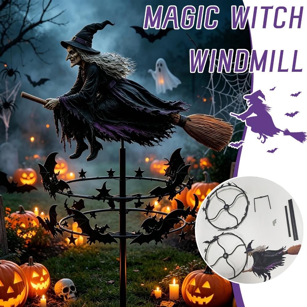 Mulino a vento da giardino magico spettrale di Halloween, decorazione da picchetto per esterni con motivi di strega e pipistrello, ornamento divertente e inquietante per la decorazione del giardino di Halloween