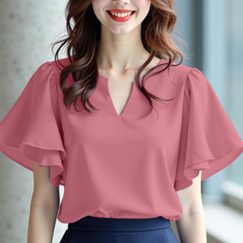 

ZANZEA Жіноча повсякденна блузка з V-подібним вирізом, рюшами та коротким рукавом вільного крою 5XL камея рожевий колір