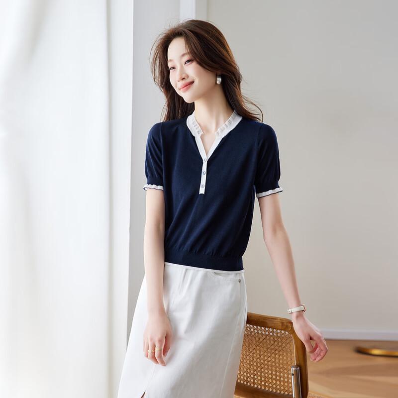 Srcr Women s V-Neck Knit Short Sleeve Top with Mulberry Silk XL