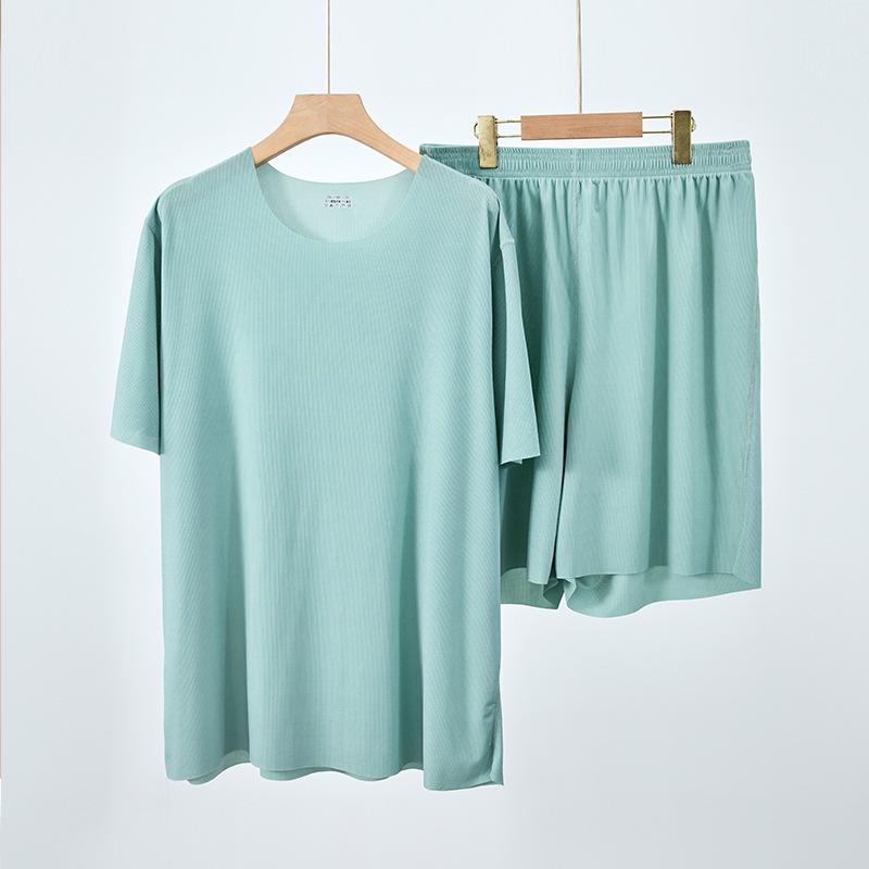 Couple's Ice Silk Summer Pajama Set: Women's Round Neck Short Sleeve with Long Pants & Men's Seamless Shorts