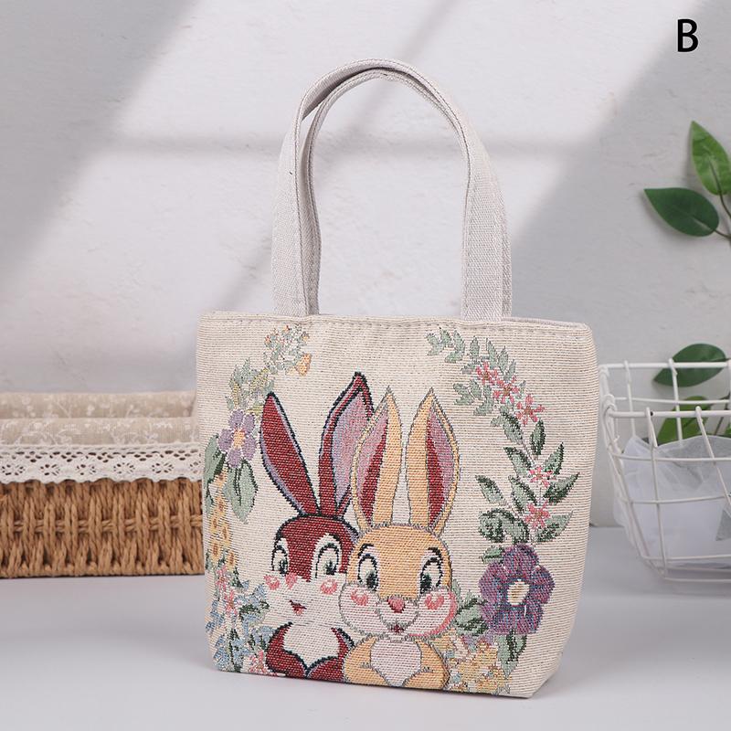 Embroidery Canvas Bag Cute Butterfly Rabbit Peony Tote Bag Small Shoulder Traveling Pouch Handbag Grocery Storage Bag