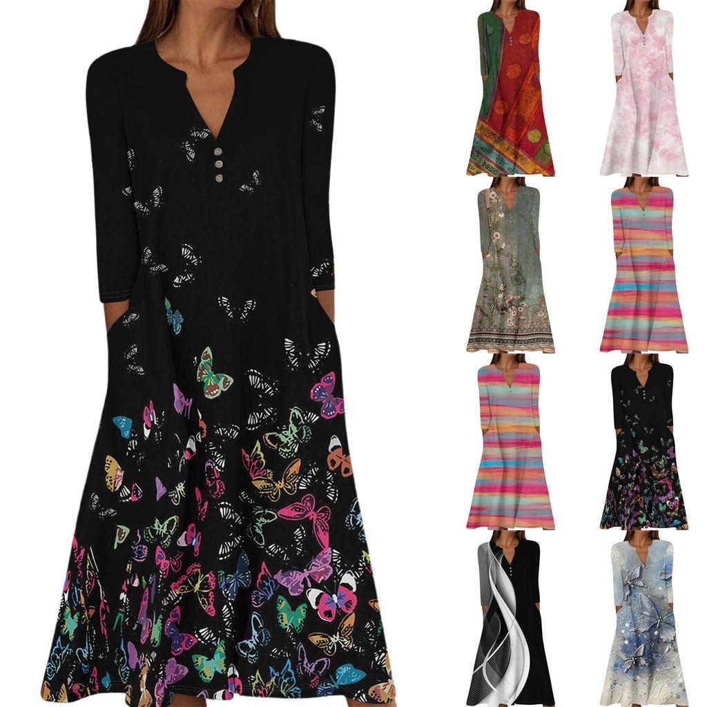Women's Summer Casual V-Neck Button Vintage Floral Print Three-quarter Sleeve Long Dress With Pockets