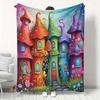All-Season Reversible Flannel Blanket | Vibrant Whimsical House Pattern | 100% Polyester, Soft & Warm Throw for Sofa, Bed, Office, Travel | Multi-Colo