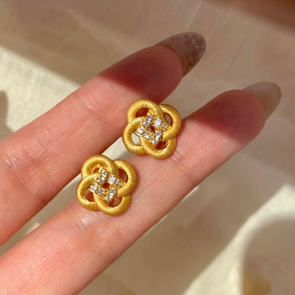 

Chinese Knot Vintage Earrings Women Elegant Gold Plated Diamond Clover Fashion Earrings