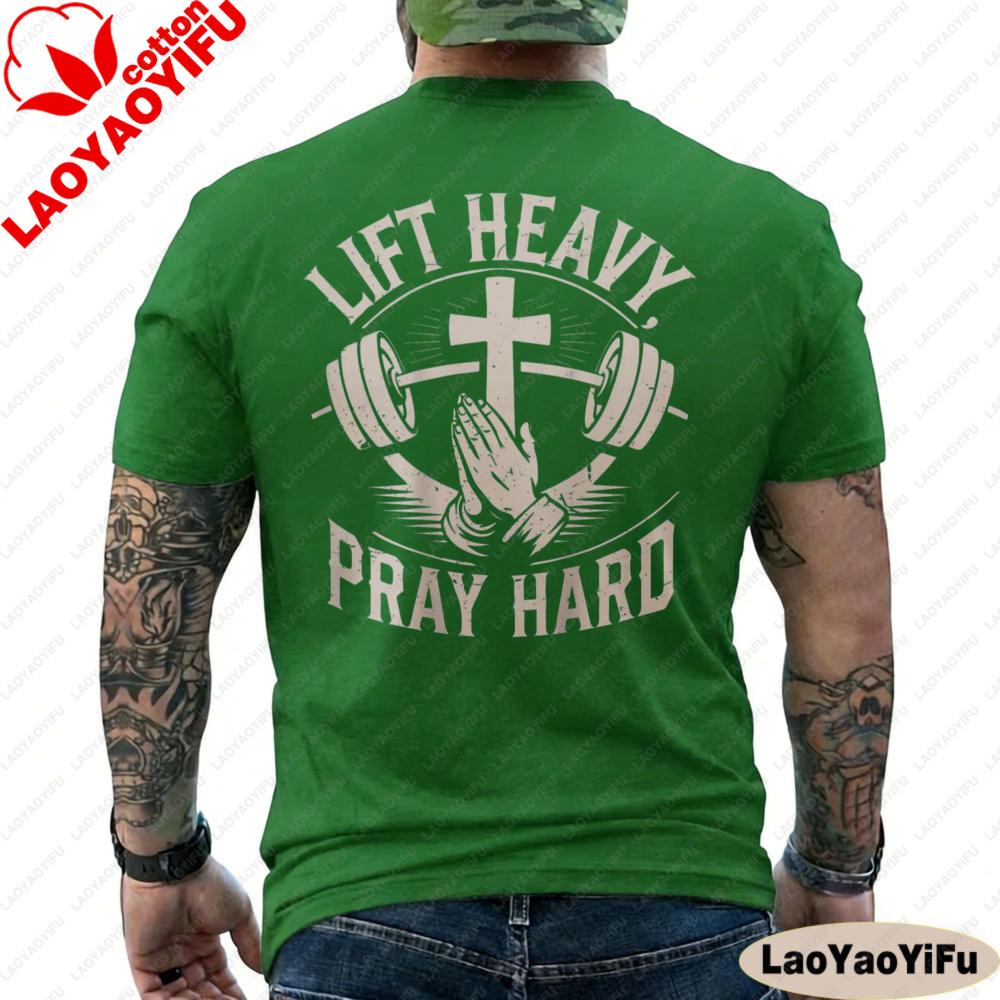 Printed on Back Christian Gym Lift Heavy Pray Hard Unisex Shirt Gift Christian Believers Clothes Y2k Clothes Printed Cotton Tops S