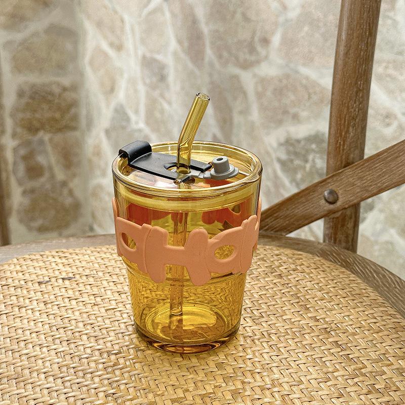 High Value Letter Bamboo Cup With Lid Straw Glass Water Cup Office Home Coffee Cup Gift Water Cup
