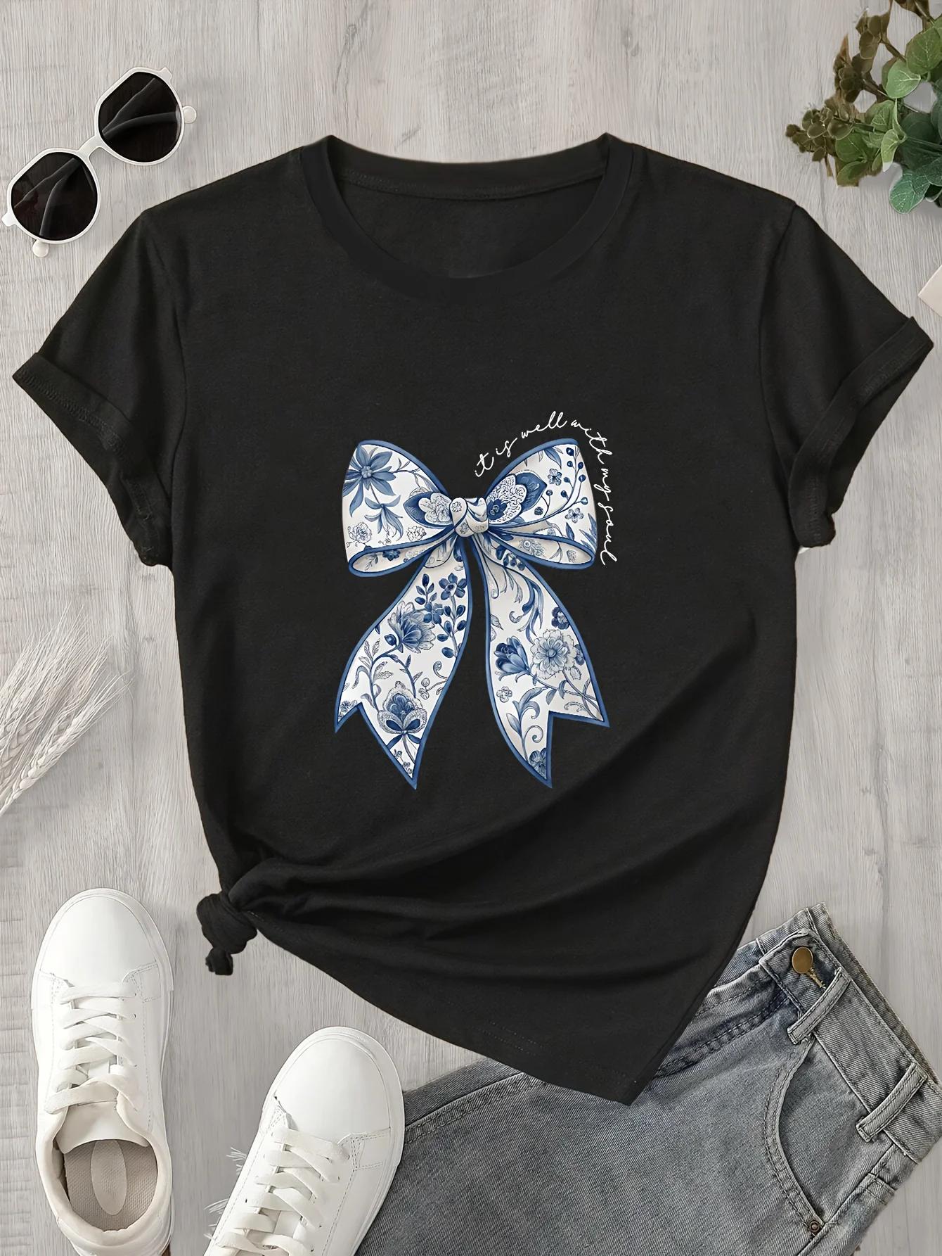 With Floral Design Breathable Summer Regular Fit Breathable Clothing Women s Butterfly Print T-Shirt - Casual Short Sleeve S