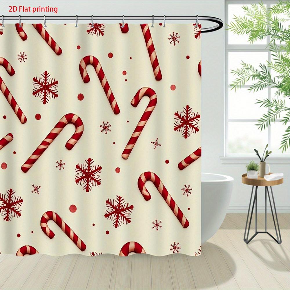 1Pc Shower Curtain With Candy Cane And Snowflake Pattern, Polyester Fabric, Machine Washable, Suitable For Bathroom Decoration