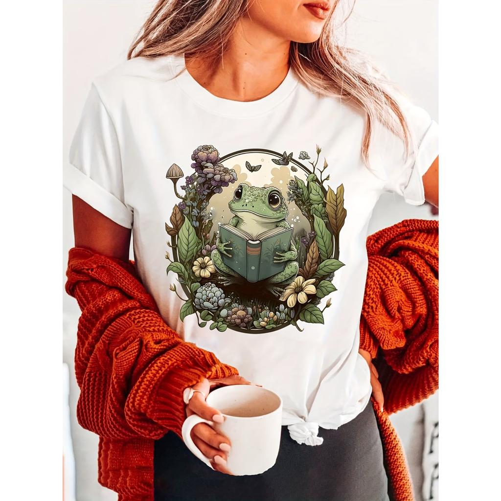Women's Cottagecore Frog Reading Book T-Shirt - Vintage Short Sleeve Top with Cute Frog & Letter Print