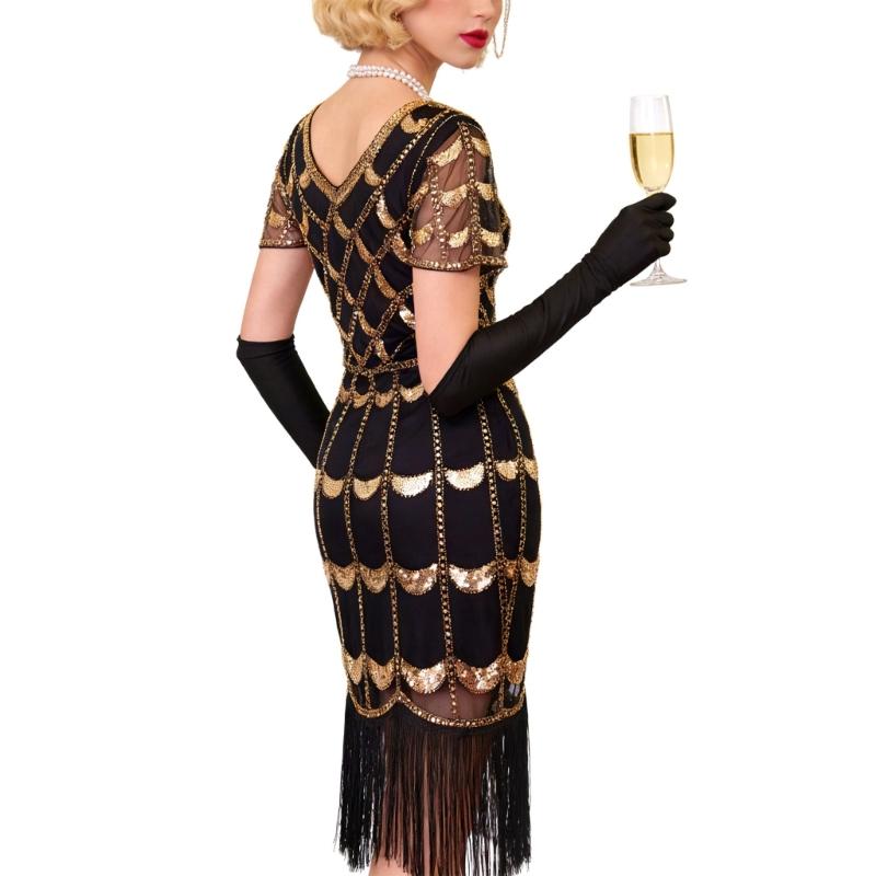 Flapper Dresses 1920s V Neck Sequins Fringed Dress Great Gatsby Dress for Womens Cocktail Dresses