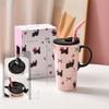 Cute Cat High Cup Girls Cup with Lid Casual Cup Ceramic Mug with Straw Birthday Gift Style