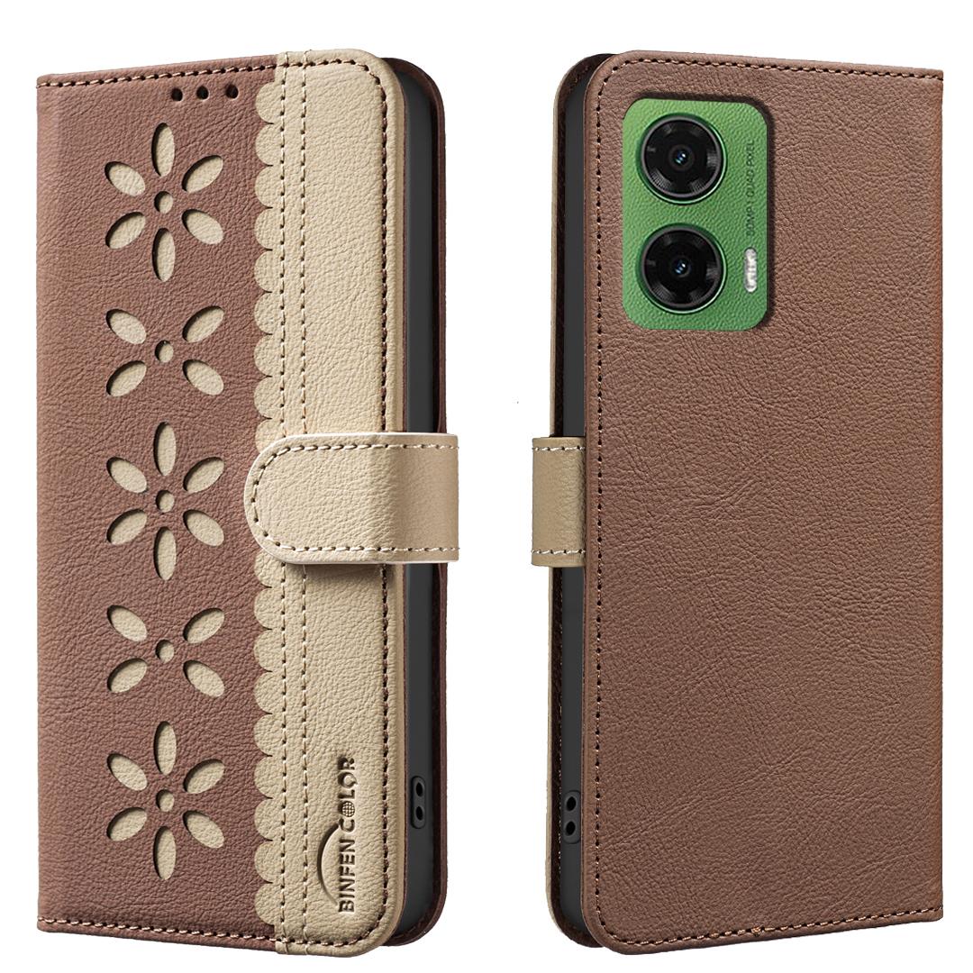 

For Motorola Moto G35 5G Leather Case BINFEN COLOR BF36 Floral Pattern Phone Cover RFID Blocking Wallet Stand E