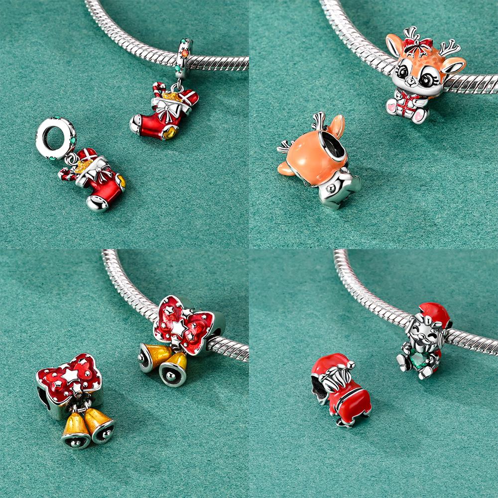 Christmas Series Santa Claus Sock Gift Pendant Snowflake Deer Bead Fit Bracelet Originalcopper Diy Set Women Jewelry Set