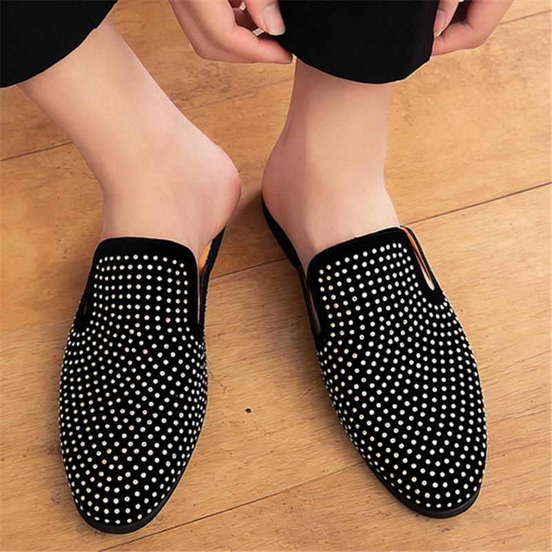 Trend Glitter Rhinestone Leather Half Slippers Shoes For Men Designer Outerwear Mules Casual Slides Slippers Sandals Mocassins