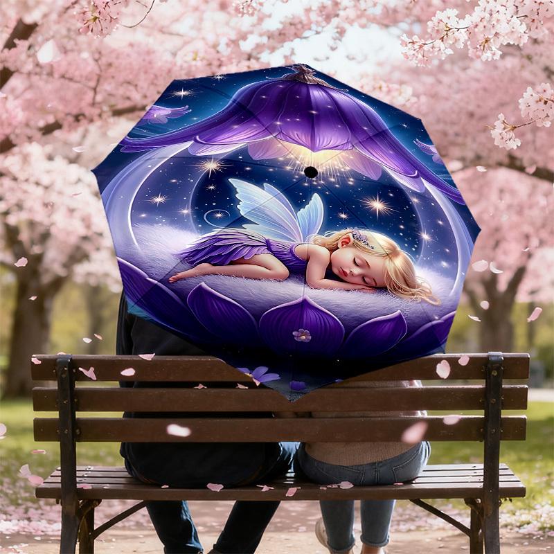 1 Stück Feenblume Automatisches Öffnungs-/Schließschirm mit Winddichtigkeit, Stabiles Dach mit 8 Speichen, Langlebige Speichen, Modisches Design, Outdoor-Accessoire, Lustiger Druck, Hol