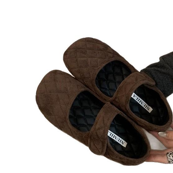 Vintage Suede Rhombus Velcro Shallow Mouth Mary Jane Shoes Night Breeze Gentle Soft Sole Versatile Lazy Bread Single Shoes