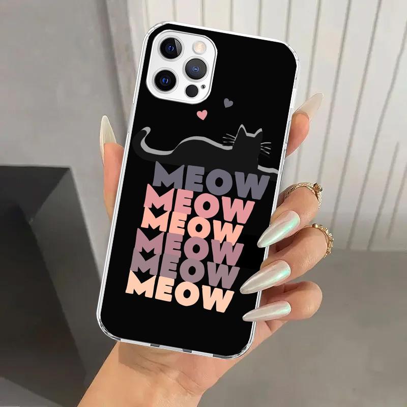 Anime Cute Black Cat Meow Phone Case for Iphone 17 Air 16 15 Plus 14 13 Mini 12 11 Pro Max 16E 7 8 SE 2020 Soft Funda Print Shel