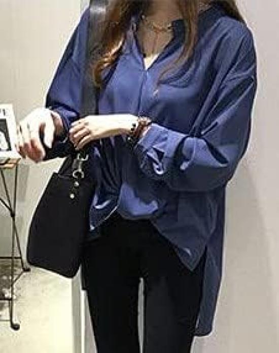 Elegant Long Sleeve Long Cut and Sleeve Korean Puff Loose and Job Flare Skipper Navy [Aspersio] Shirt, Beautiful, Top, Women's Blouse, Pullover,