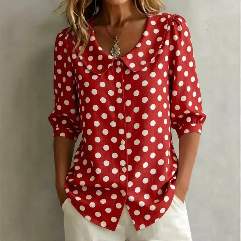 1116 New European and American Retro Polka Dot Lotus Leaf Collar Shirt Women, Loose Seven-point Bubble Sleeve Shirt Commuting Versatile