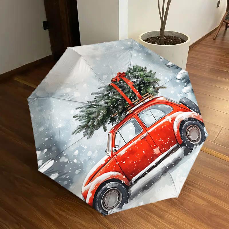 Christmas Tree on Car Roof Rack with Snowy Background - Automatic Opening Umbrella, Portable Folding Design, 8-Bone Iron Frame, Outdoor Umbr