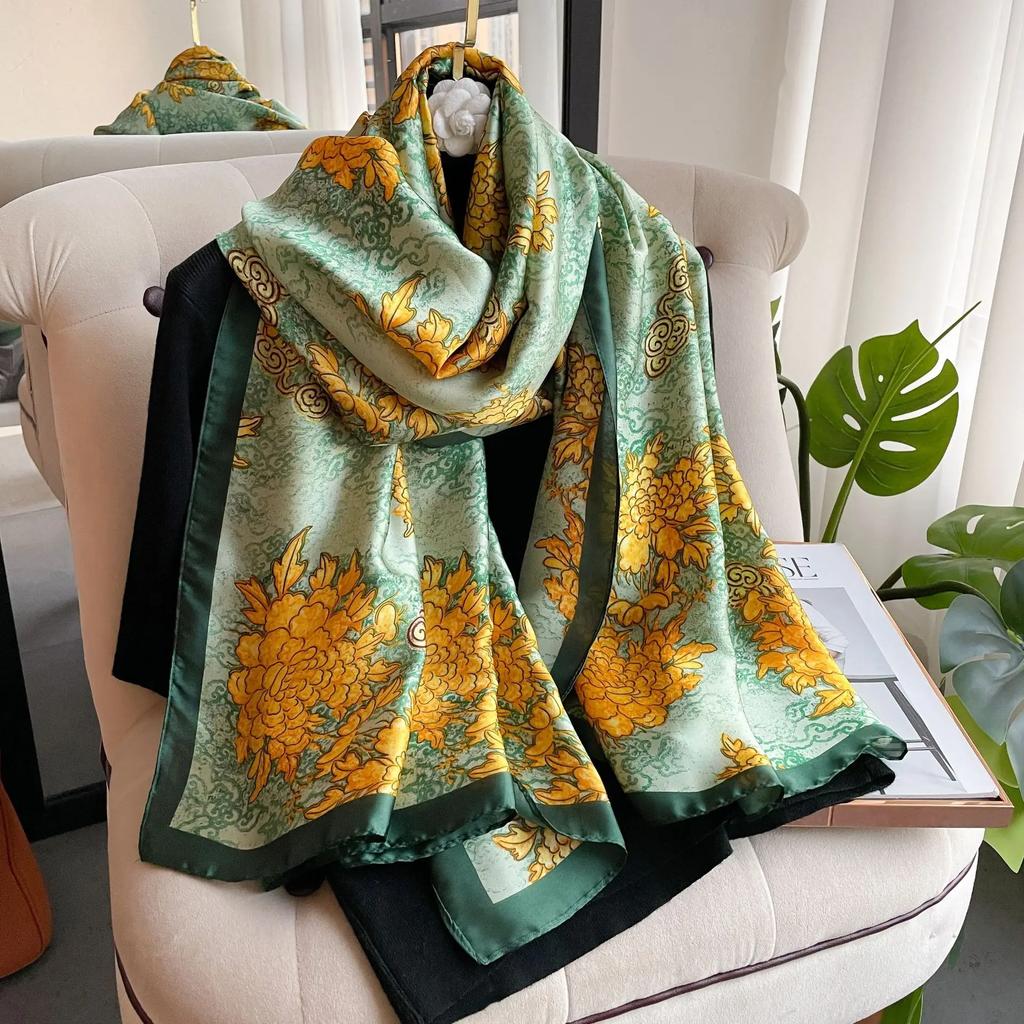 New 90*180CM Fashion Luxury Lady Print Design Shawl Soft Satin Silk Scarf Shawl Versatile Women Long Silk Scarves