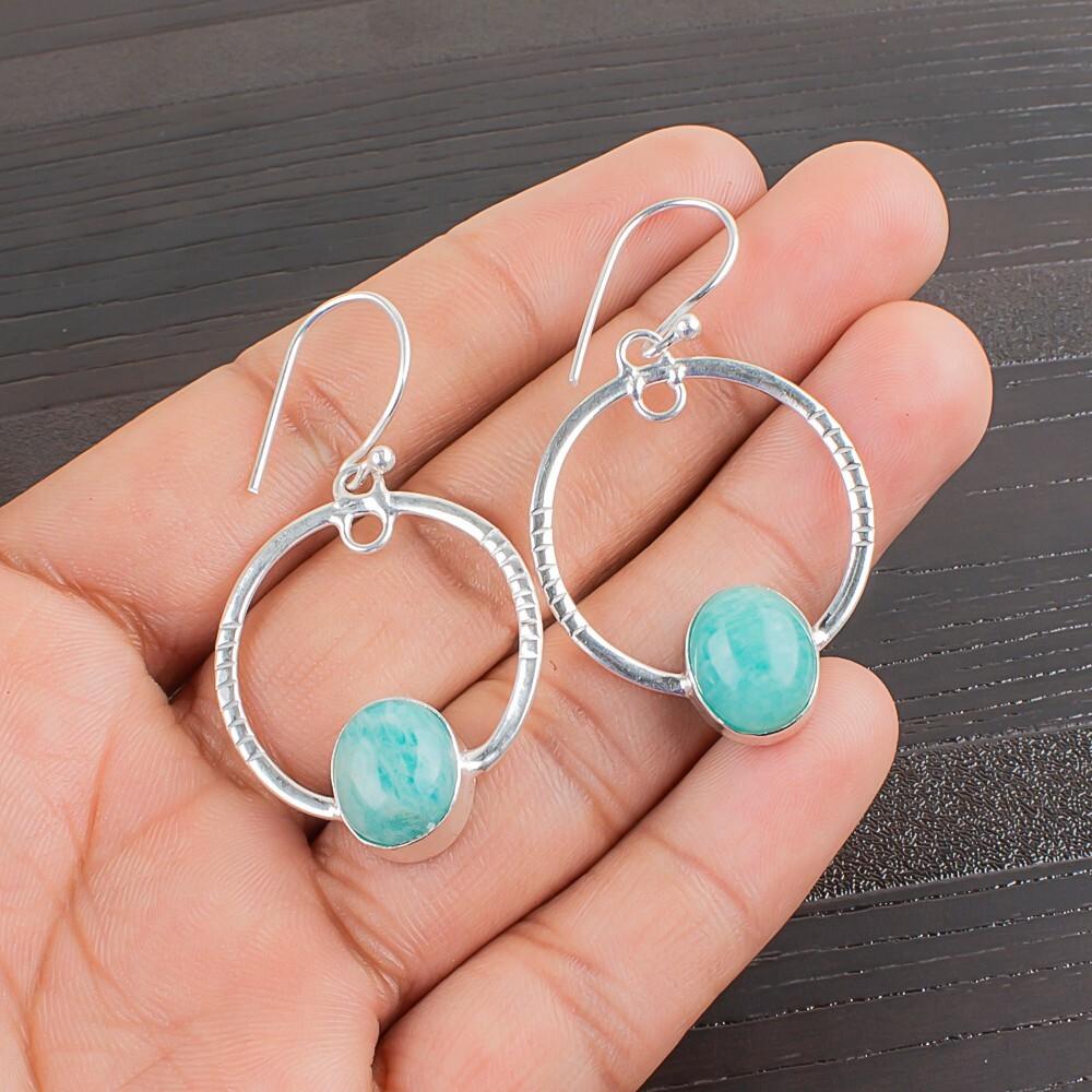 Amazonit Edelstein 925 Sterlingsilber Handgefertigter Schmuck Ohrringe 1,37" Für Sie EE-67-27