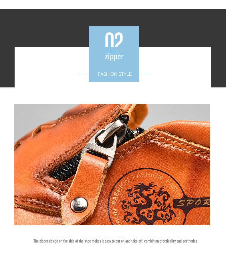 Men's Spring & Autumn Slip-On Fashionable Zipper Leather Loafers - Toe Design, Casual, Handmade, Large Sizes Available