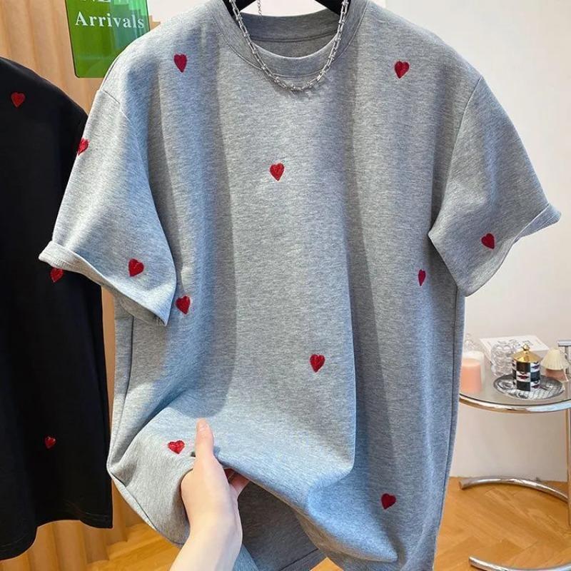 

Жіноча футболка з принтом у вигляді серця, з коротким рукавом, повсякденна, вільного крою, з круглим вирізом L сірий колір