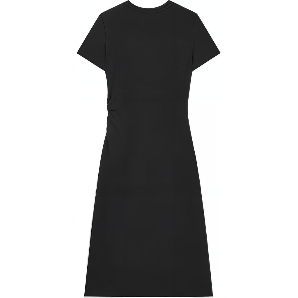 Fila Original Logo Solid Color Slit Fashion Casual Simple Slim Knit Round Neck Pullover Short Sleeve Dress Women Dresses Black F51W429302F-BK