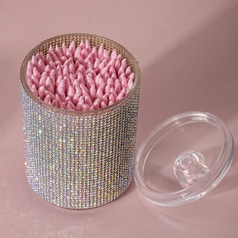 Diamond-Studded Cotton Swab Storage Jar, Decorative Bathroom Vanity Countertop Makeup Desk Storage Box